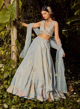 Misty Azure Powder Blue Lehenga Set by Parul Gandhi available on Indiaspopup.com