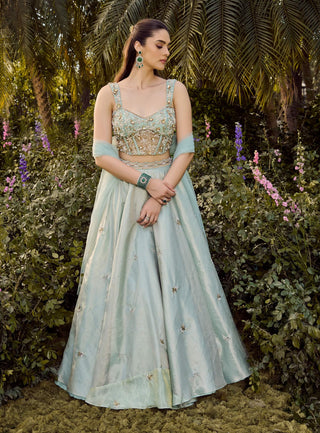 Soft Haze Mint Blue Lehenga Set by Parul Gandhi available on Indiaspopup.com