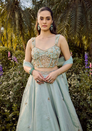 Soft Haze Mint Blue Lehenga Set by Parul Gandhi available on Indiaspopup.com