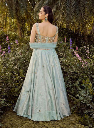 Soft Haze Mint Blue Lehenga Set by Parul Gandhi available on Indiaspopup.com