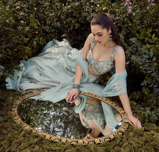 Soft Haze Mint Blue Lehenga Set by Parul Gandhi available on Indiaspopup.com