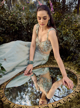 Soft Haze Mint Blue Lehenga Set by Parul Gandhi available on Indiaspopup.com