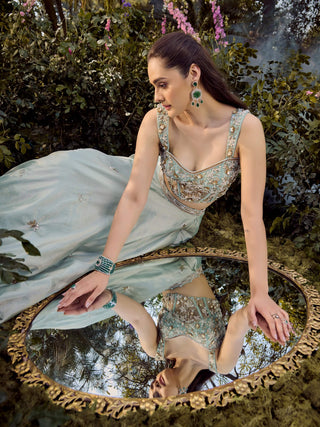 Soft Haze Mint Blue Lehenga Set by Parul Gandhi available on Indiaspopup.com