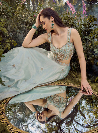 Soft Haze Mint Blue Lehenga Set by Parul Gandhi available on Indiaspopup.com