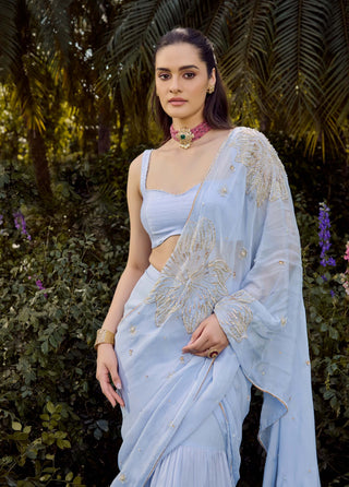 Dew Powder Blue Sari And Blouse by Parul Gandhi available on Indiaspopup.com