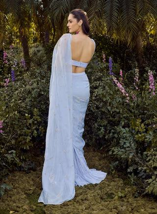 Dew Powder Blue Sari And Blouse by Parul Gandhi available on Indiaspopup.com