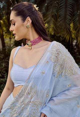 Dew Powder Blue Sari And Blouse by Parul Gandhi available on Indiaspopup.com