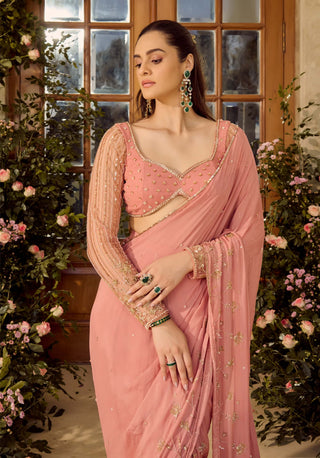 Blossom Blush Pink Sari And Blouse by Parul Gandhi available on Indiaspopup.com