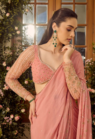 Blossom Blush Pink Sari And Blouse by Parul Gandhi available on Indiaspopup.com