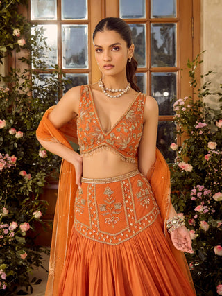 Maple Rust Lehenga Set by Parul Gandhi available on Indiaspopup.com