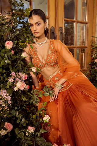 Maple Rust Lehenga Set by Parul Gandhi available on Indiaspopup.com