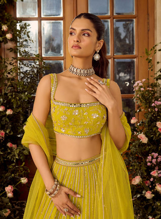 Glow Lime Lehenga Set by Parul Gandhi available on Indiaspopup.com
