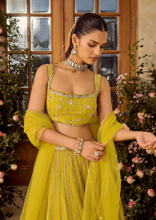 Glow Lime Lehenga Set by Parul Gandhi available on Indiaspopup.com