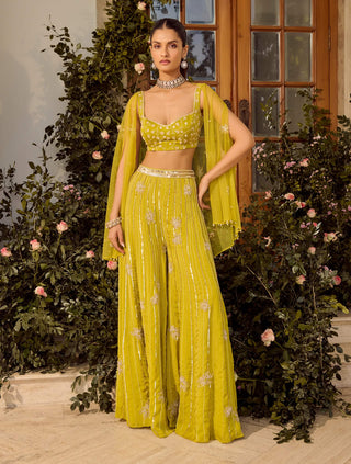Lime Zest Flared Pant And Cape Set by Parul Gandhi available on Indiaspopup.com