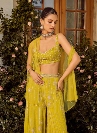 Lime Zest Flared Pant And Cape Set by Parul Gandhi available on Indiaspopup.com