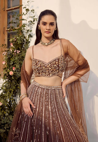 Autumn Mocha Lehenga Set by Parul Gandhi available on Indiaspopup.com