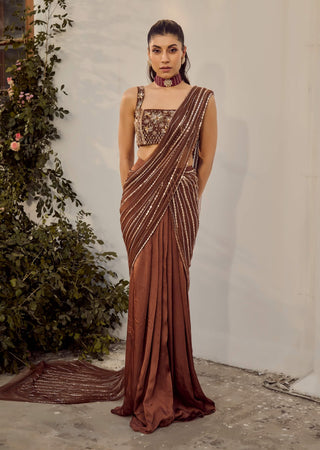 Dusk Mocha Sari And Blouse by Parul Gandhi available on Indiaspopup.com