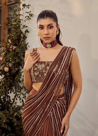 Dusk Mocha Sari And Blouse by Parul Gandhi available on Indiaspopup.com