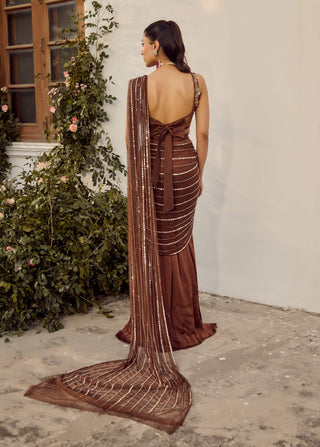 Dusk Mocha Sari And Blouse by Parul Gandhi available on Indiaspopup.com