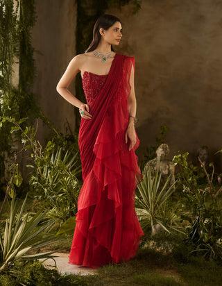 Scarlet red draped sari and blouse
