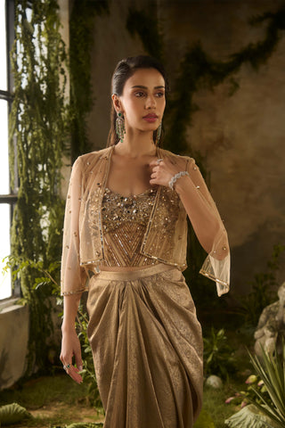 Mirage golden drape skirt and jacket set