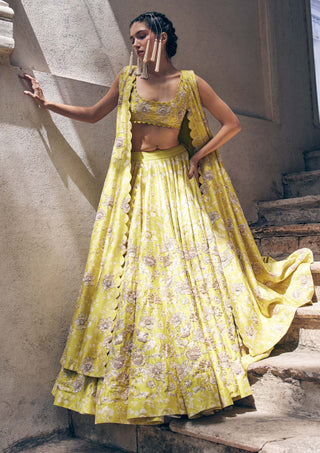Paulmi & Harsh-Lime Yellow Floral Lehenga Jacket Set-INDIASPOPUP.COM