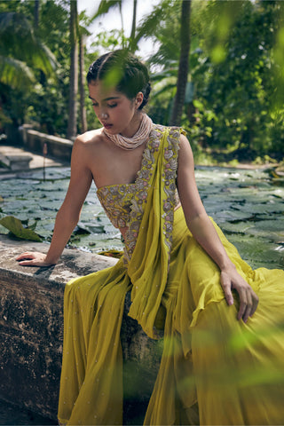 Paulmi & Harsh-Lime Yellow Pre-Stitch Sari Set-INDIASPOPUP.COM