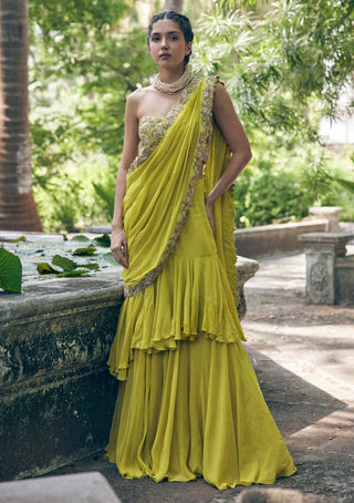 Paulmi & Harsh-Lime Yellow Pre-Stitch Sari Set-INDIASPOPUP.COM