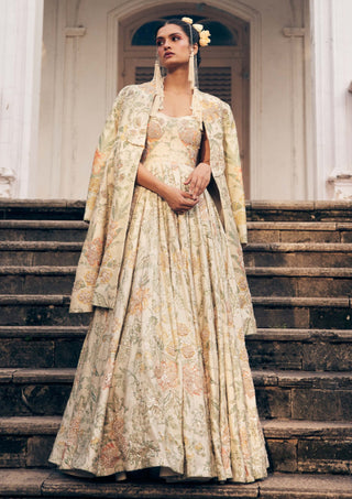 Paulmi & Harsh-Ivory Orange Floral Anarkali And Jacket-INDIASPOPUP.COM