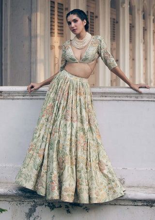 Paulmi & Harsh-Ivory Orange Floral Printed Lehenga Set-INDIASPOPUP.COM