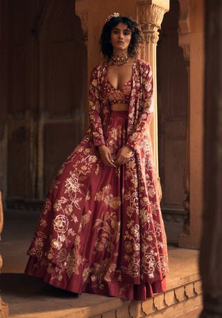Deep Red Romantic Lehenga Set by Paulmi & Harsh available on Indiaspopup.com