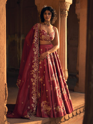Deep Red Romantic Lehenga Set by Paulmi & Harsh available on Indiaspopup.com