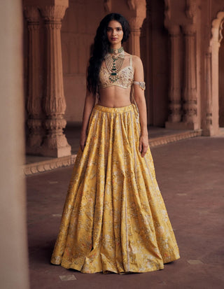 Tuscany Yellow  Jacquard Lehenga Set by Paulmi & Harsh available on Indiaspopup.com