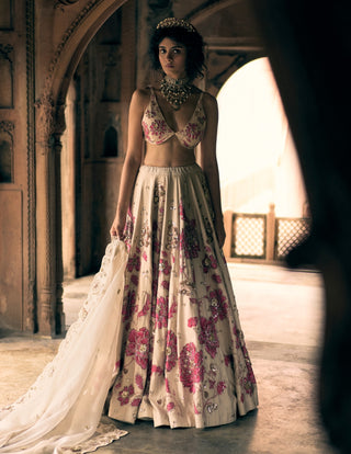 Ivory Pink Floral Print Lehenga Set by Paulmi & Harsh available on Indiaspopup.com