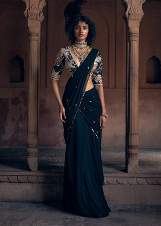 Romantic Black Pre-Stitched Sari Set by Paulmi & Harsh available on Indiaspopup.com