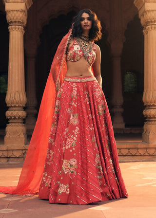 Ethereal Crimson Floral Lehenga Set by Paulmi & Harsh available on Indiaspopup.com