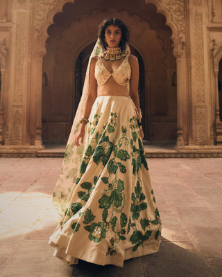 Ivory And Green Floral Lehenga Set by Paulmi & Harsh available on Indiaspopup.com