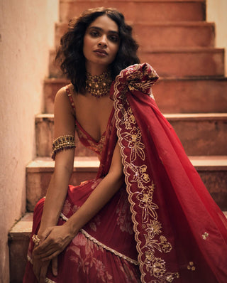 Deep Red Chiffon Pre–Draped Sari And Blouse by Paulmi & Harsh available on Indiaspopup.com