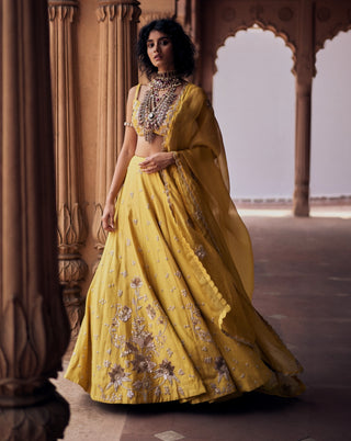 Tuscany Yellow Hand Embroidered Lehenga Set by Paulmi & Harsh available on Indiaspopup.com