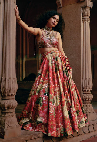 Red Map Floral Printed Lehenga Set by Paulmi & Harsh available on Indiaspopup.com