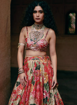 Red Map Floral Printed Lehenga Set by Paulmi & Harsh available on Indiaspopup.com