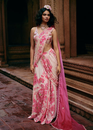 Ivory Abstract Floral Drape Sari And Blouse by Paulmi & Harsh available on Indiaspopup.com