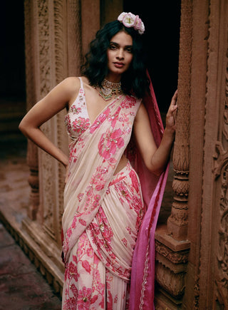 Ivory Abstract Floral Drape Sari And Blouse by Paulmi & Harsh available on Indiaspopup.com