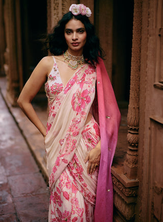 Ivory Abstract Floral Drape Sari And Blouse by Paulmi & Harsh available on Indiaspopup.com