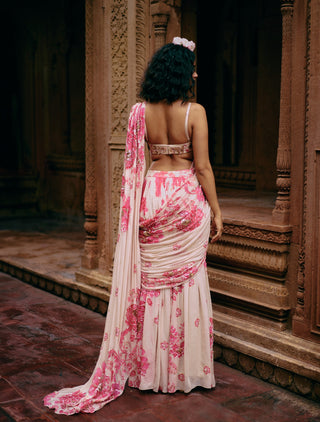 Ivory Abstract Floral Drape Sari And Blouse by Paulmi & Harsh available on Indiaspopup.com