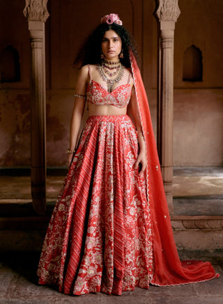 Red Multi-Tone Lehenga Set by Paulmi & Harsh available on Indiaspopup.com