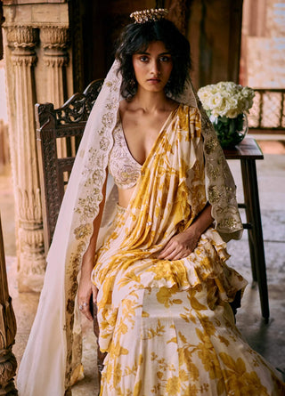 Tuscany Yellow And Ivory Ruffle Pre-Draped Sari Set by Paulmi & Harsh available on Indiaspopup.com