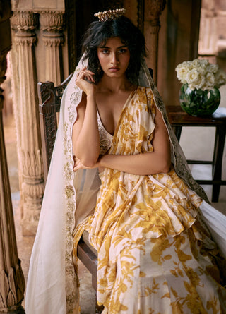 Tuscany Yellow And Ivory Ruffle Pre-Draped Sari Set by Paulmi & Harsh available on Indiaspopup.com