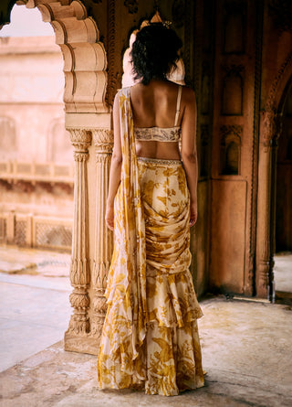 Tuscany Yellow And Ivory Ruffle Pre-Draped Sari Set by Paulmi & Harsh available on Indiaspopup.com
