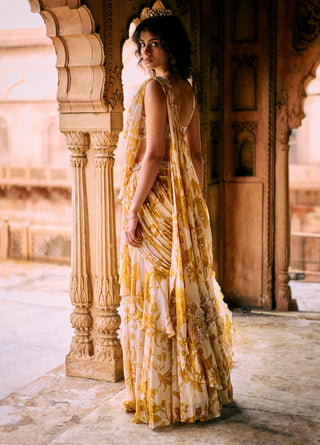 Tuscany Yellow And Ivory Ruffle Pre-Draped Sari Set by Paulmi & Harsh available on Indiaspopup.com